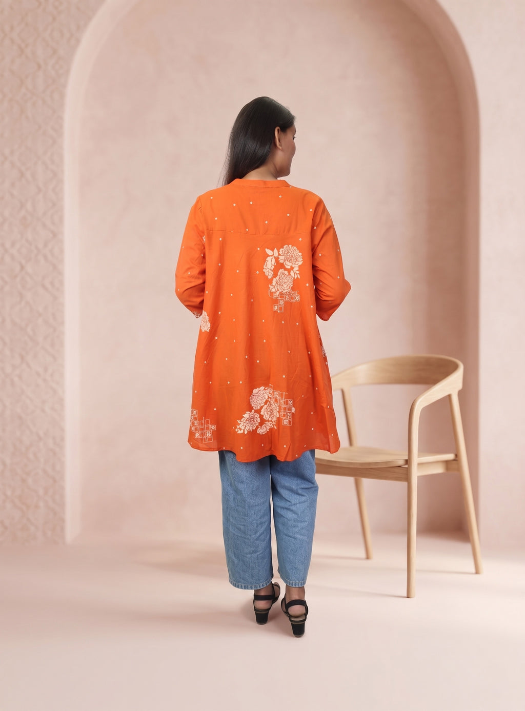 Orange cotton printed short kurti