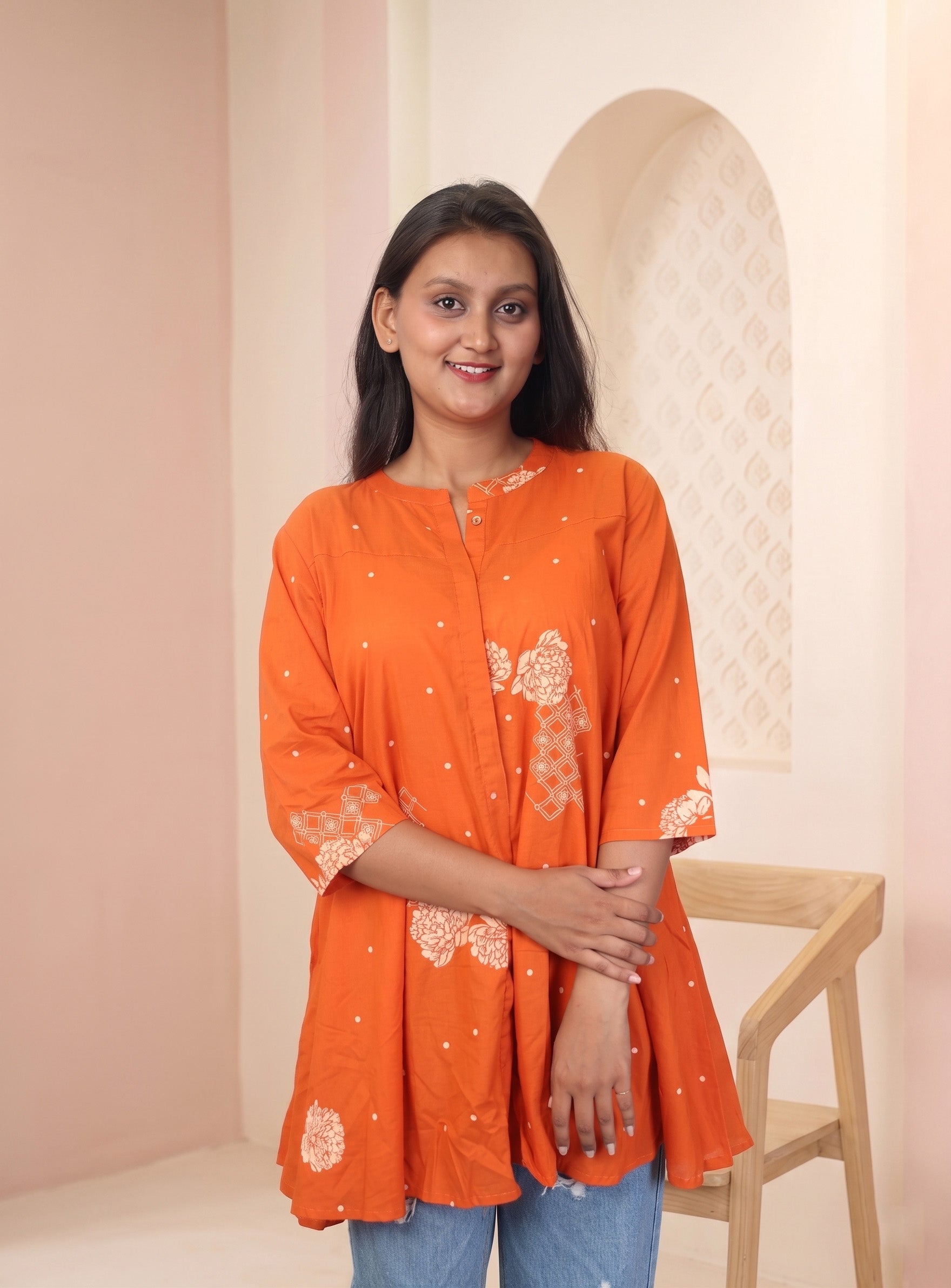Orange cotton printed short kurti
