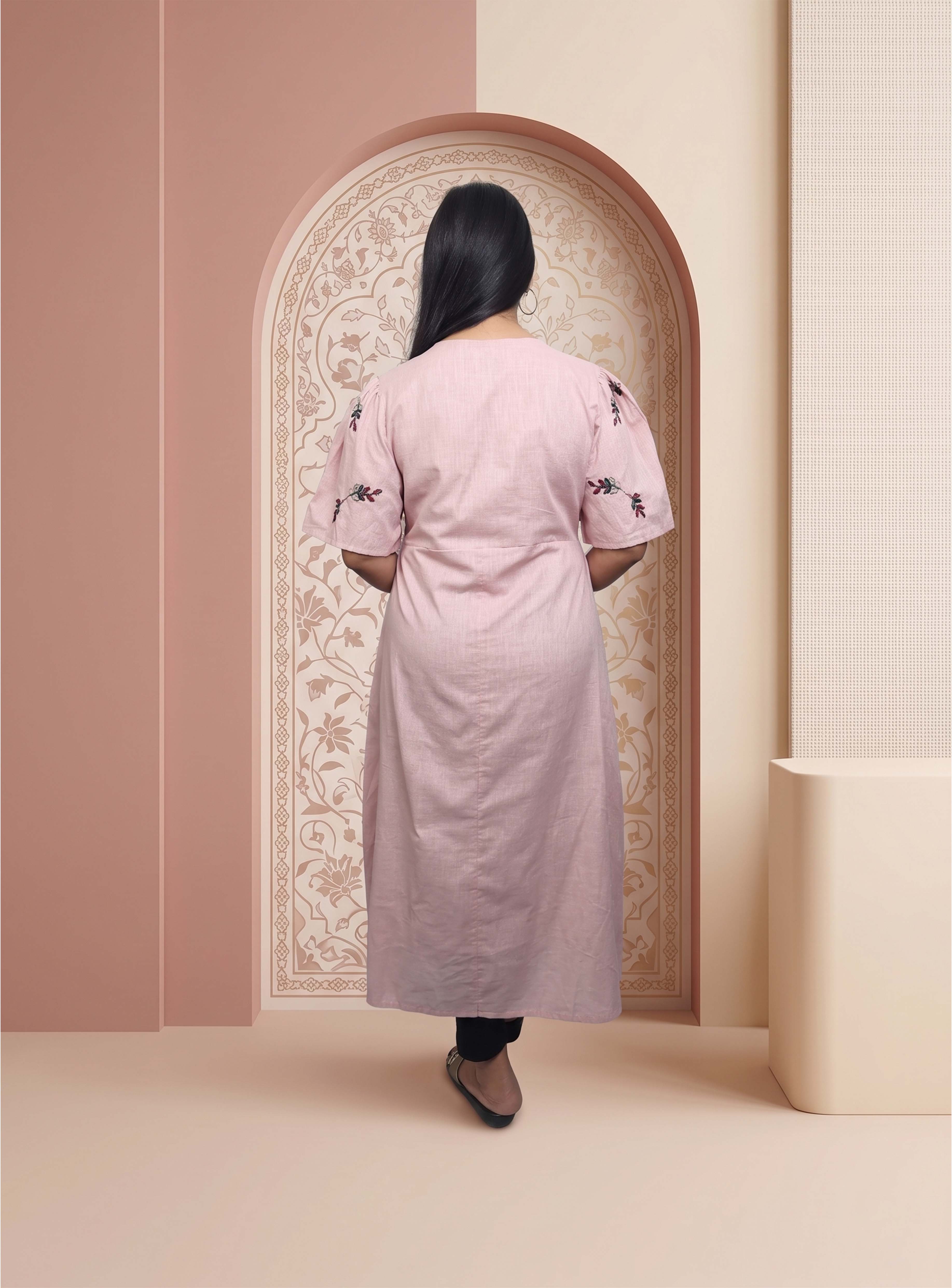 Pink linen A-line thred embroidery dress