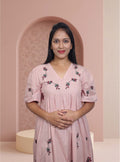 Pink linen A-line thred embroidery dress