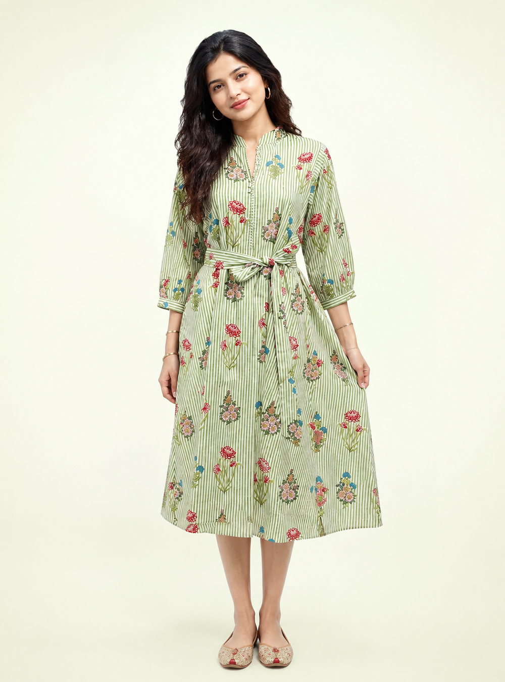 Meadow Bloom Pista Floral Cotton A-Line Dress