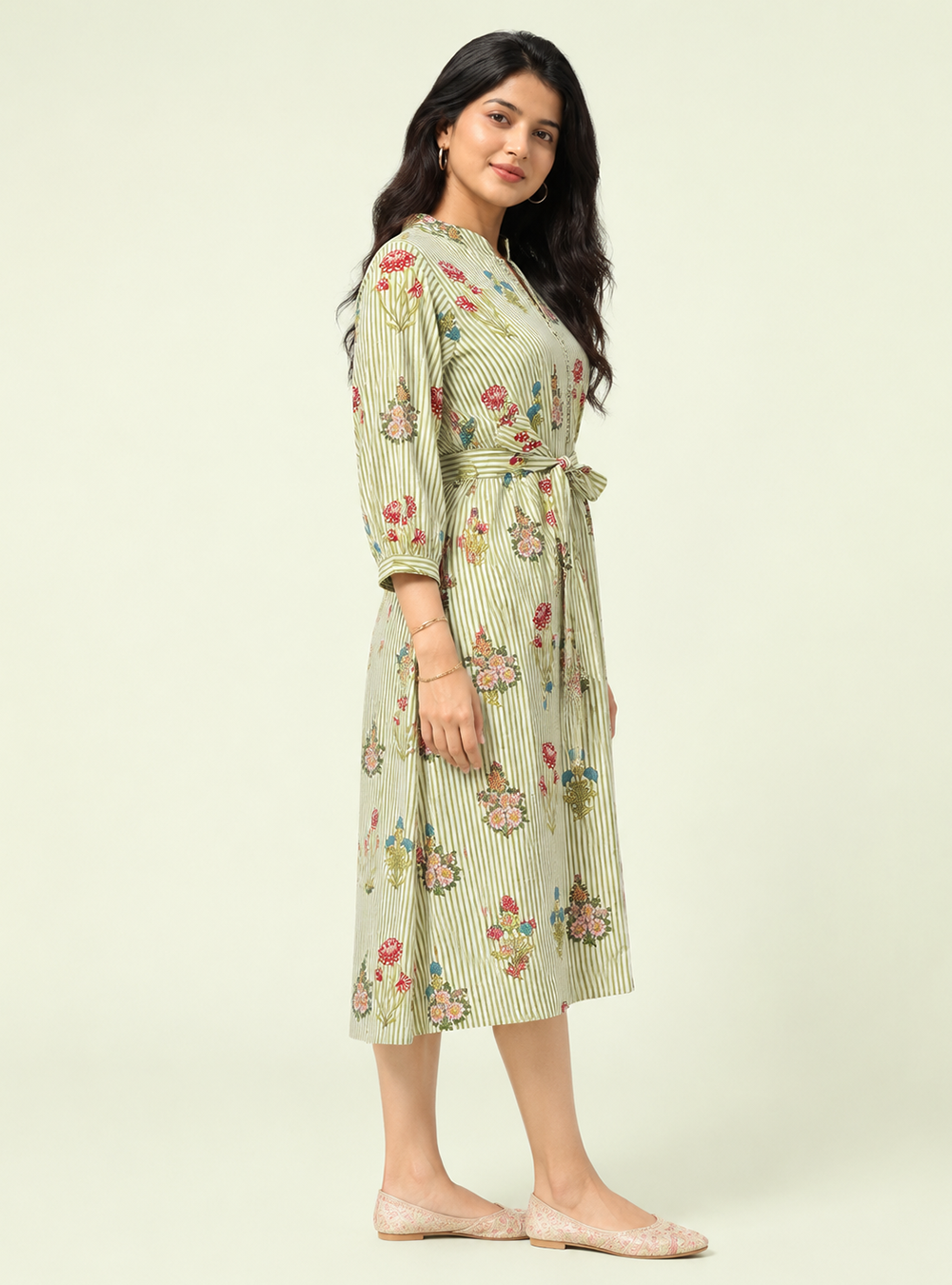 Meadow Bloom Pista Floral Cotton A-Line Dress