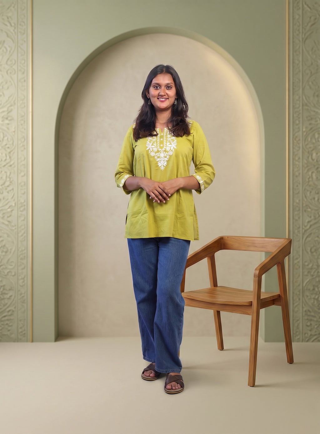 Pastel green cotton embroidery short kurti