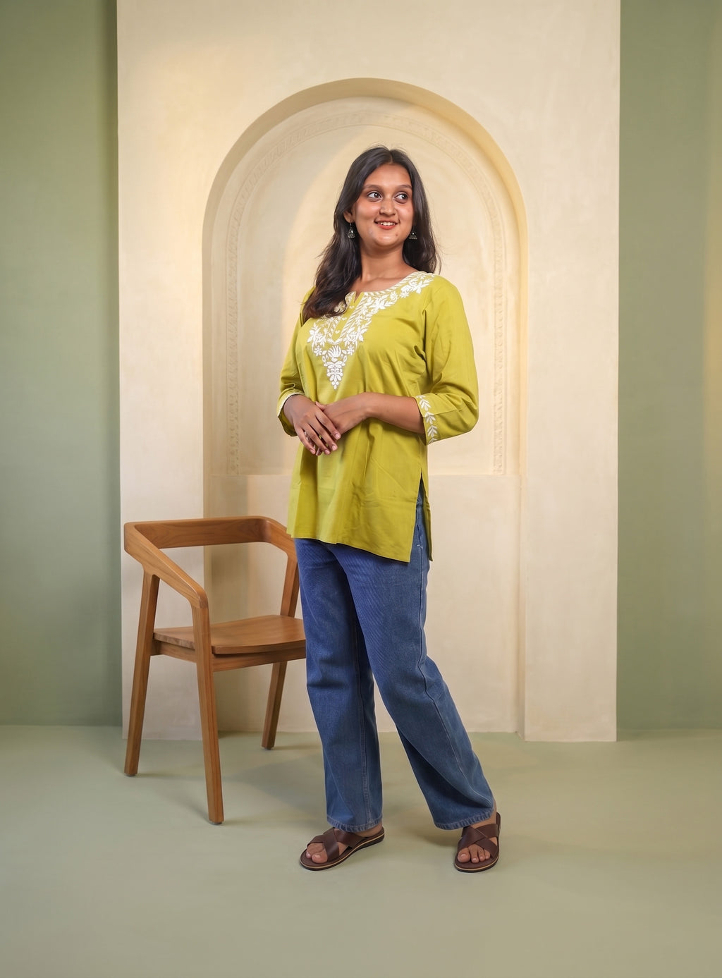 Pastel green cotton embroidery short kurti
