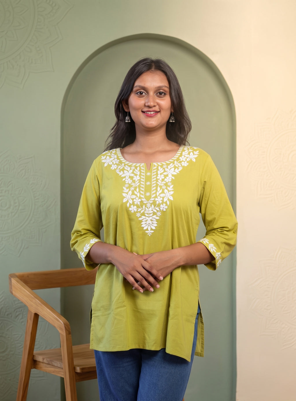 Pastel green cotton embroidery short kurti