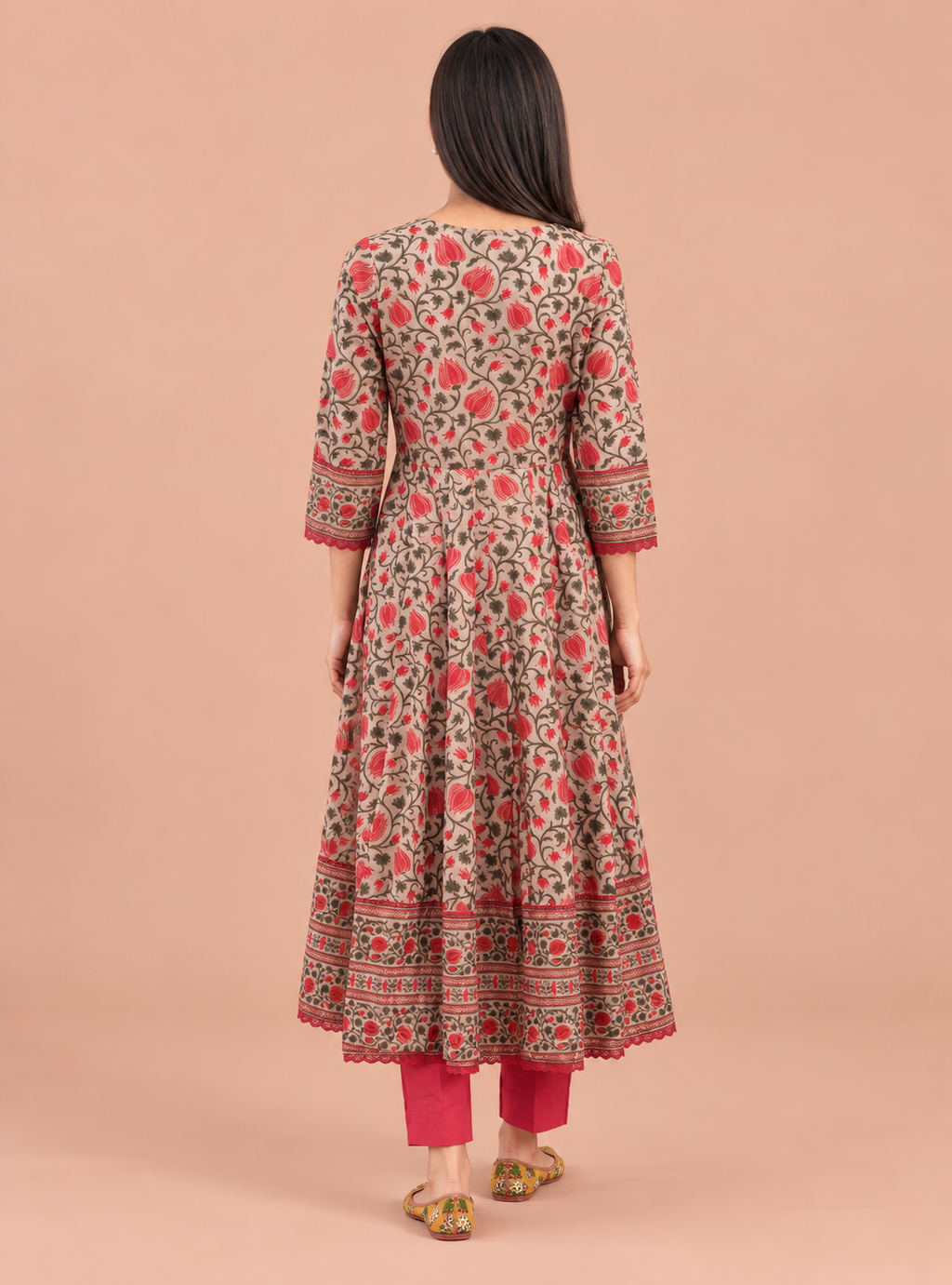 Peach Moonstone Grey & Peach Hand Block Cotton Anarkali Suit Set