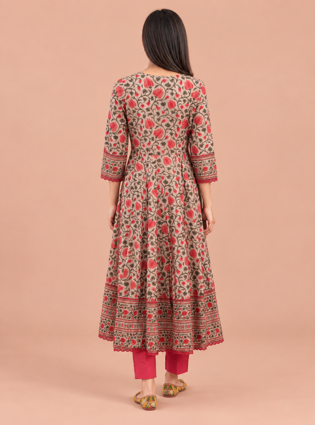 Peach Moonstone Grey & Peach Hand Block Cotton Anarkali Suit Set