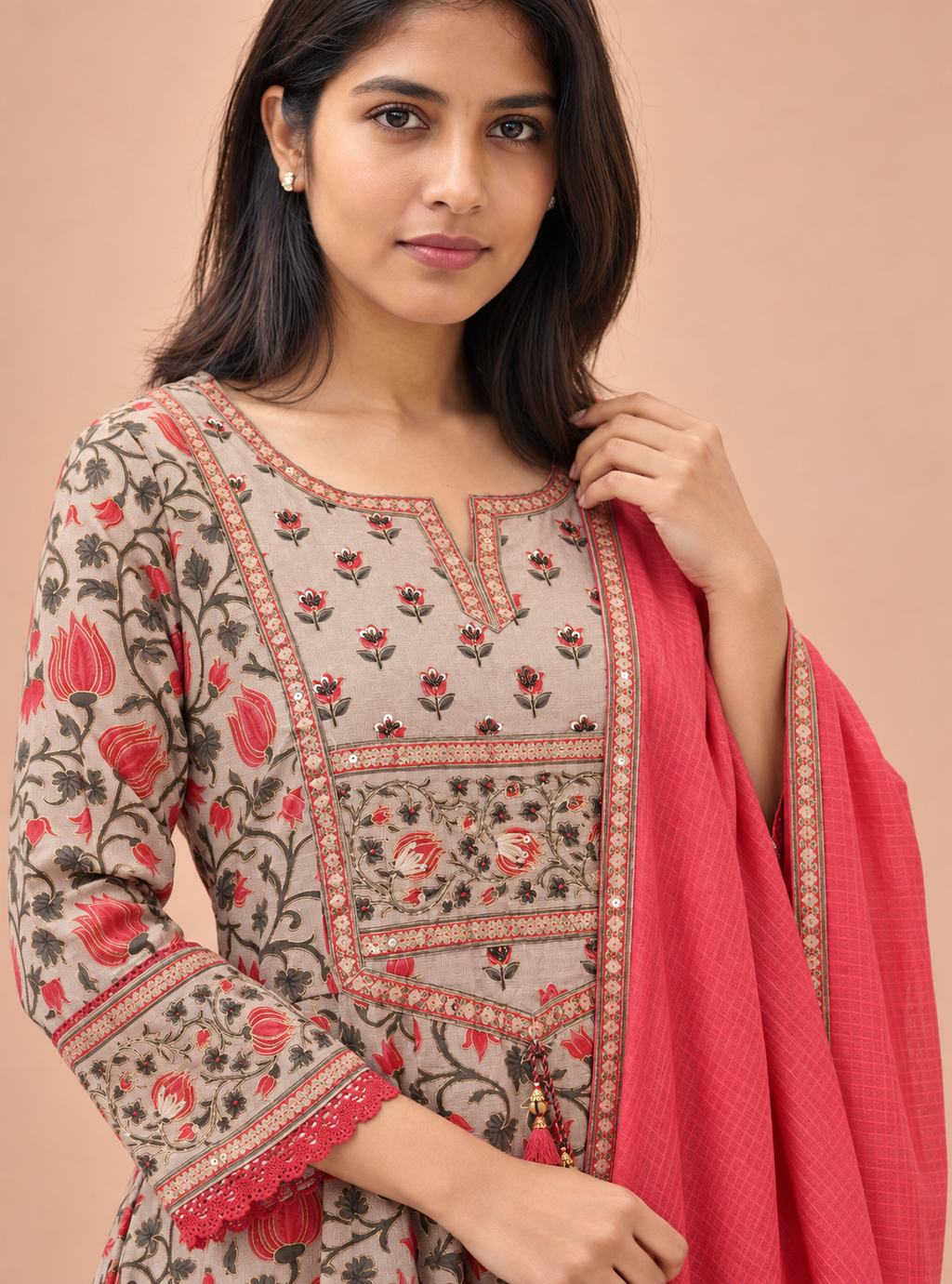Peach Moonstone Grey & Peach Hand Block Cotton Anarkali Suit Set