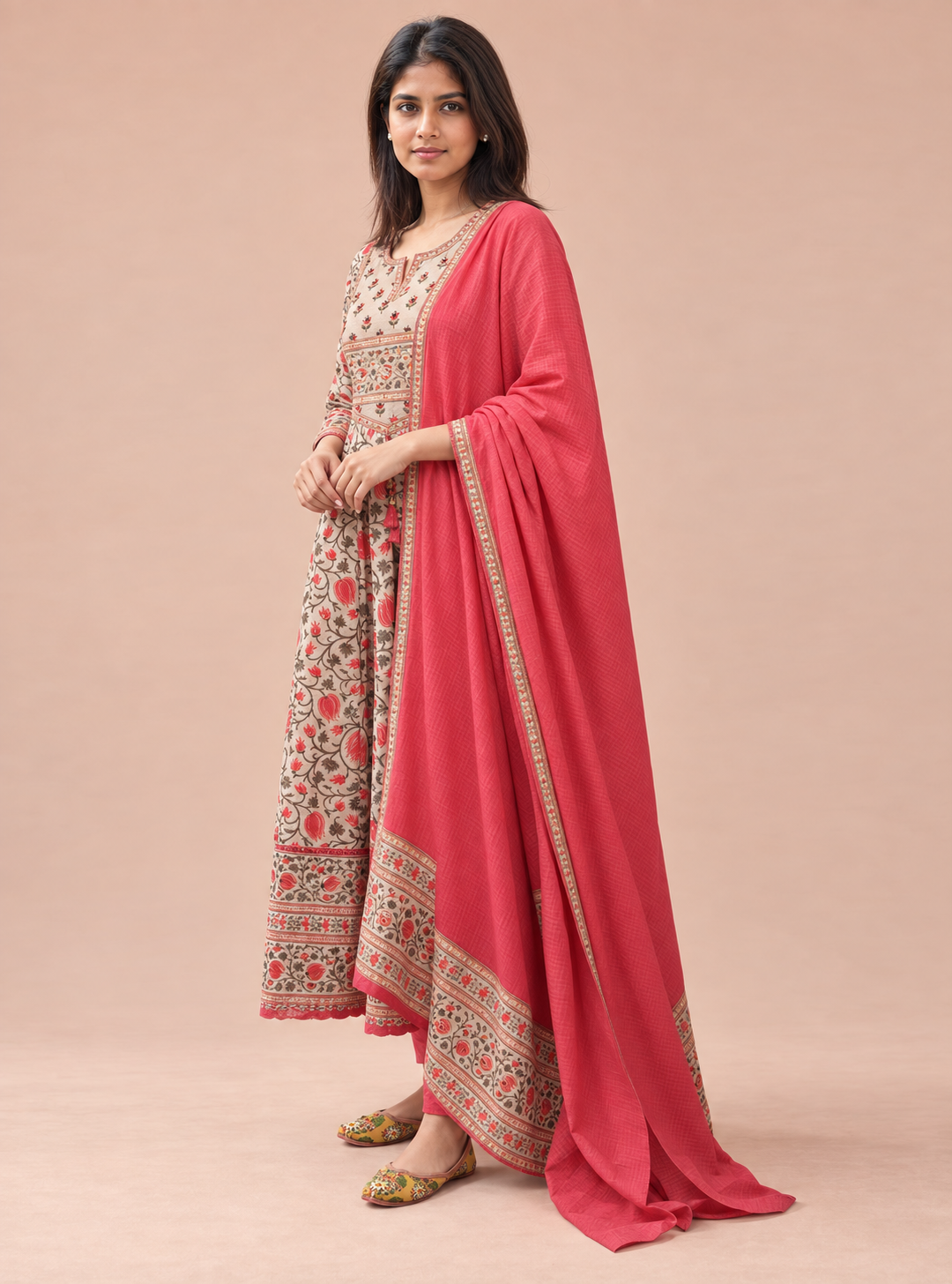 Peach Moonstone Grey & Peach Hand Block Cotton Anarkali Suit Set