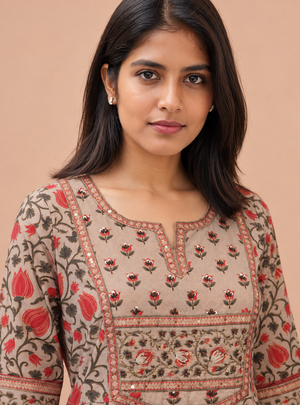 Peach Moonstone Grey & Peach Hand Block Cotton Anarkali Suit Set