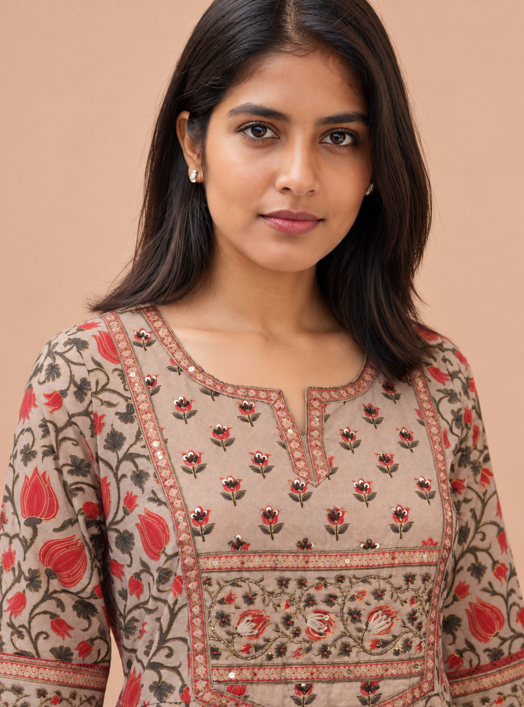 Peach Moonstone Grey & Peach Hand Block Cotton Anarkali Suit Set