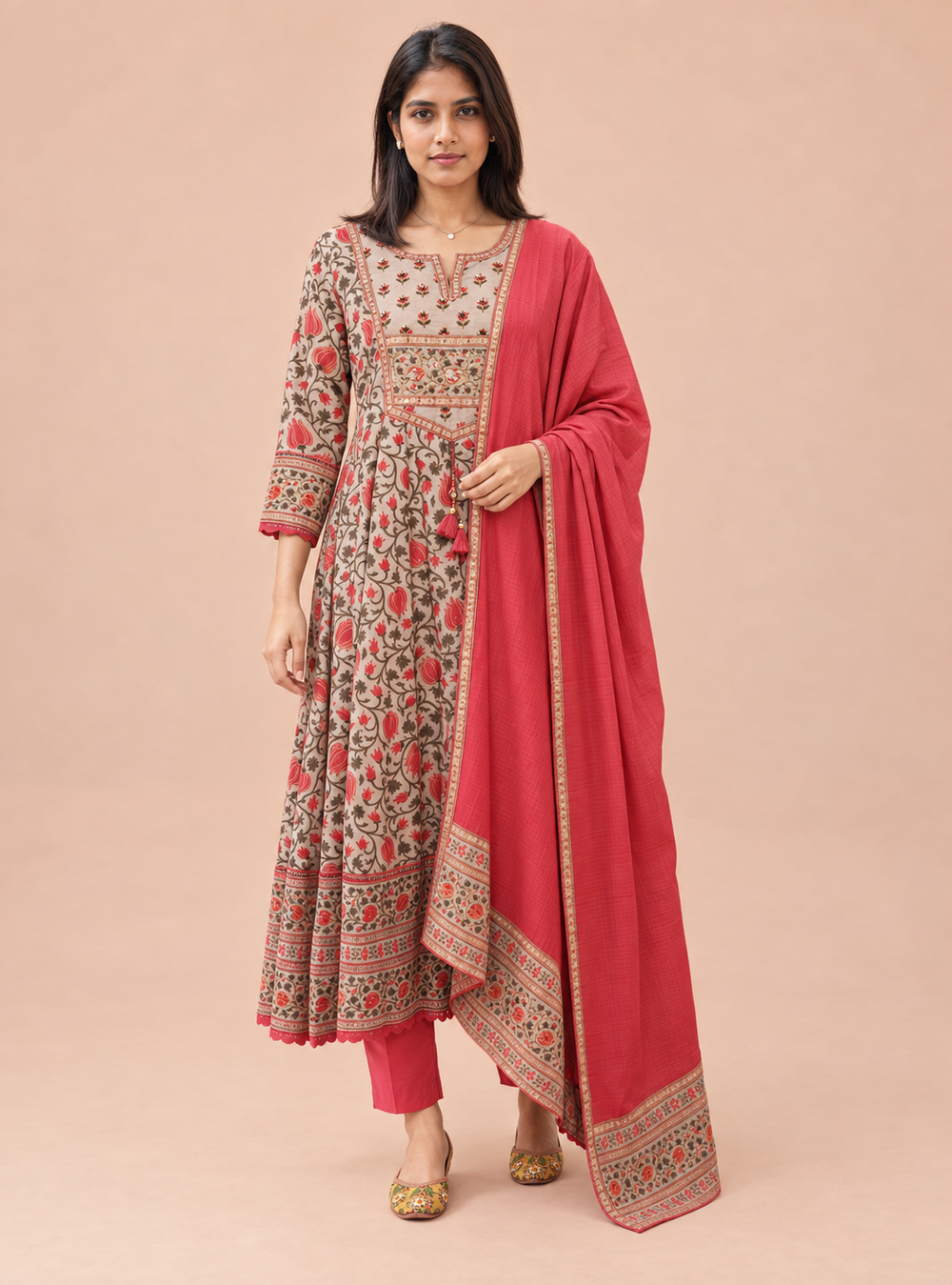 Peach Moonstone Grey & Peach Hand Block Cotton Anarkali Suit Set