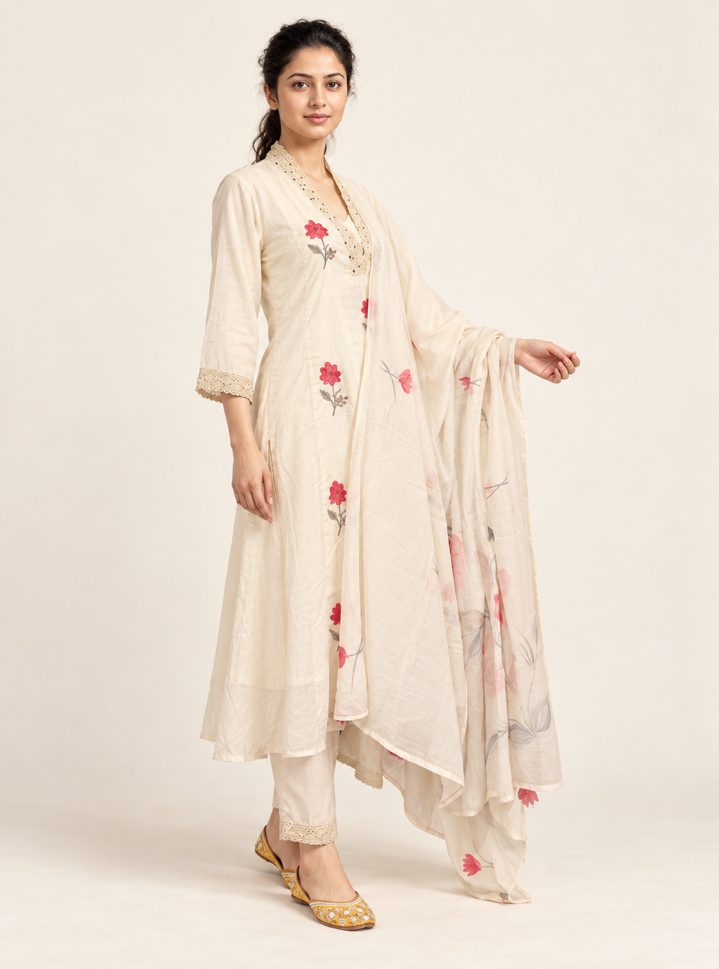 Pearl Weave White Dobby Cotton Embroidered Suit Set with Dupatta