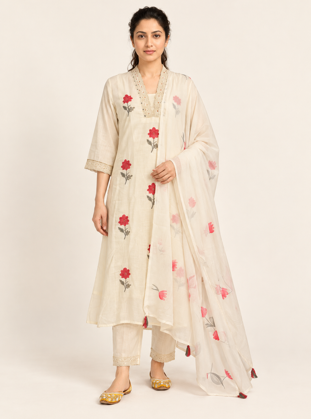Pearl Weave White Dobby Cotton Embroidered Suit Set with Dupatta