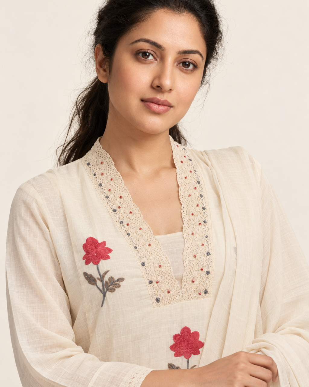 Pearl Weave White Dobby Cotton Embroidered Suit Set with Dupatta