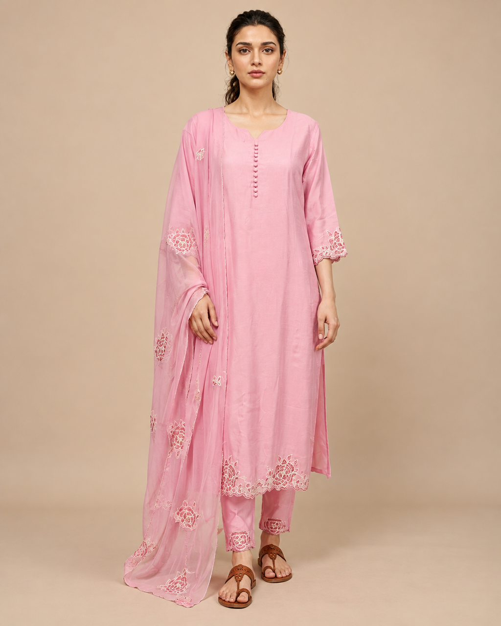 Petal Heirloom Baby Pink Dola Silk Handwork Suit Set with Organza Dupatta