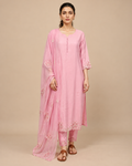 Petal Heirloom Baby Pink Dola Silk Handwork Suit Set with Organza Dupatta