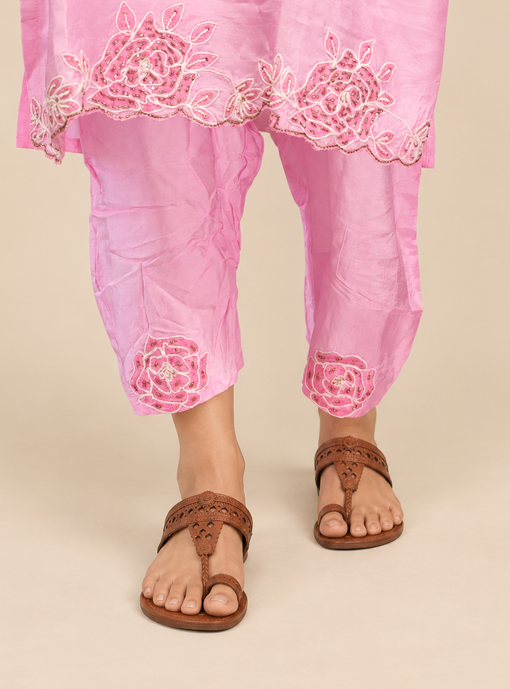 Petal Heirloom Baby Pink Dola Silk Handwork Suit Set with Organza Dupatta