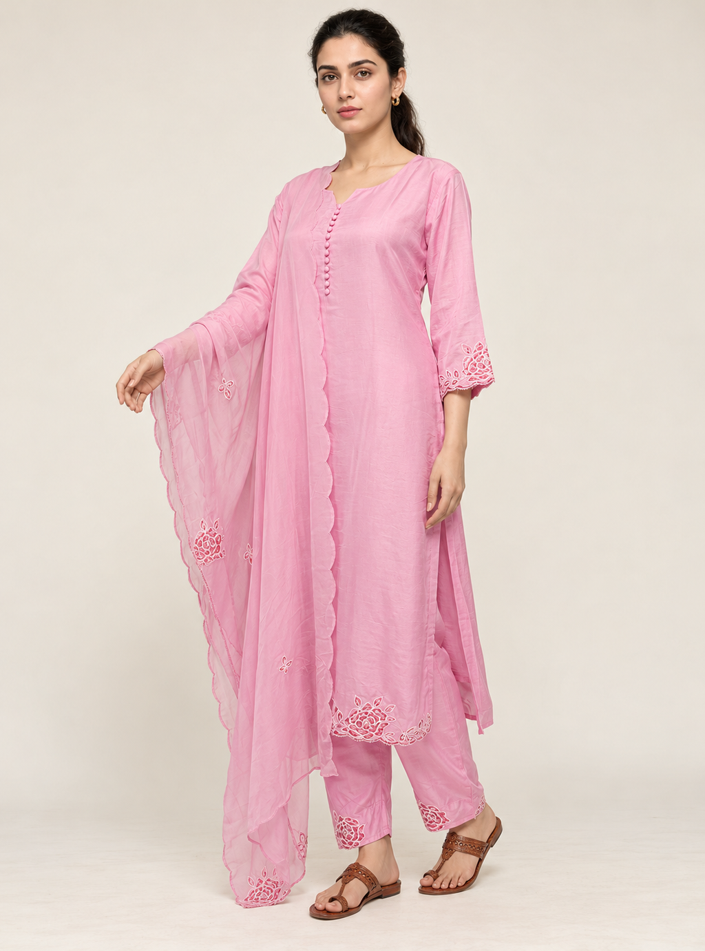 Petal Heirloom Baby Pink Dola Silk Handwork Suit Set with Organza Dupatta