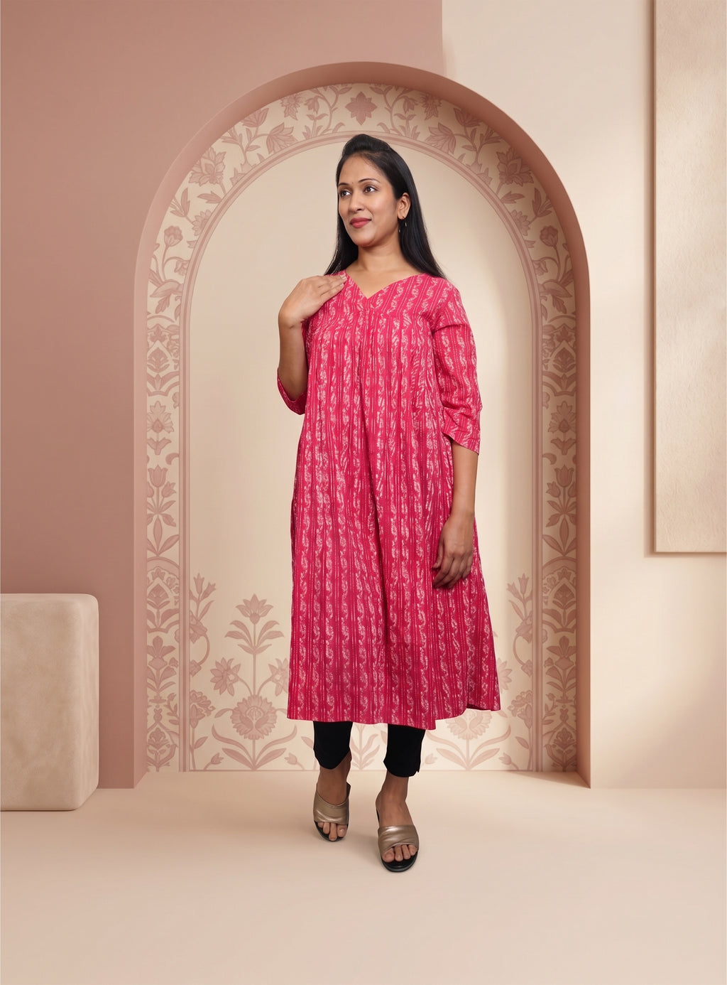 Hot pink cotton Angrakha A-line kurta