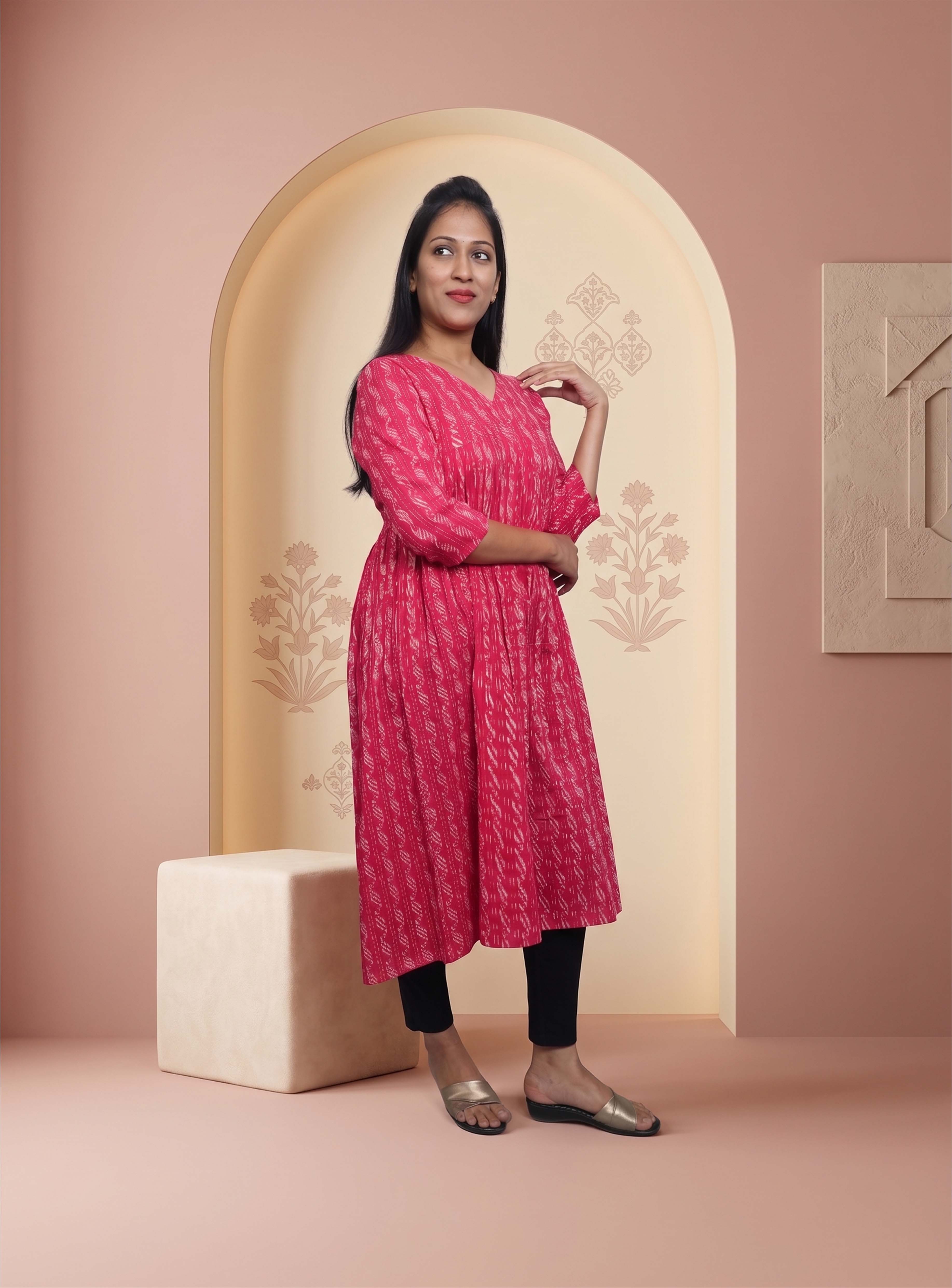 Hot pink cotton Angrakha A-line kurta