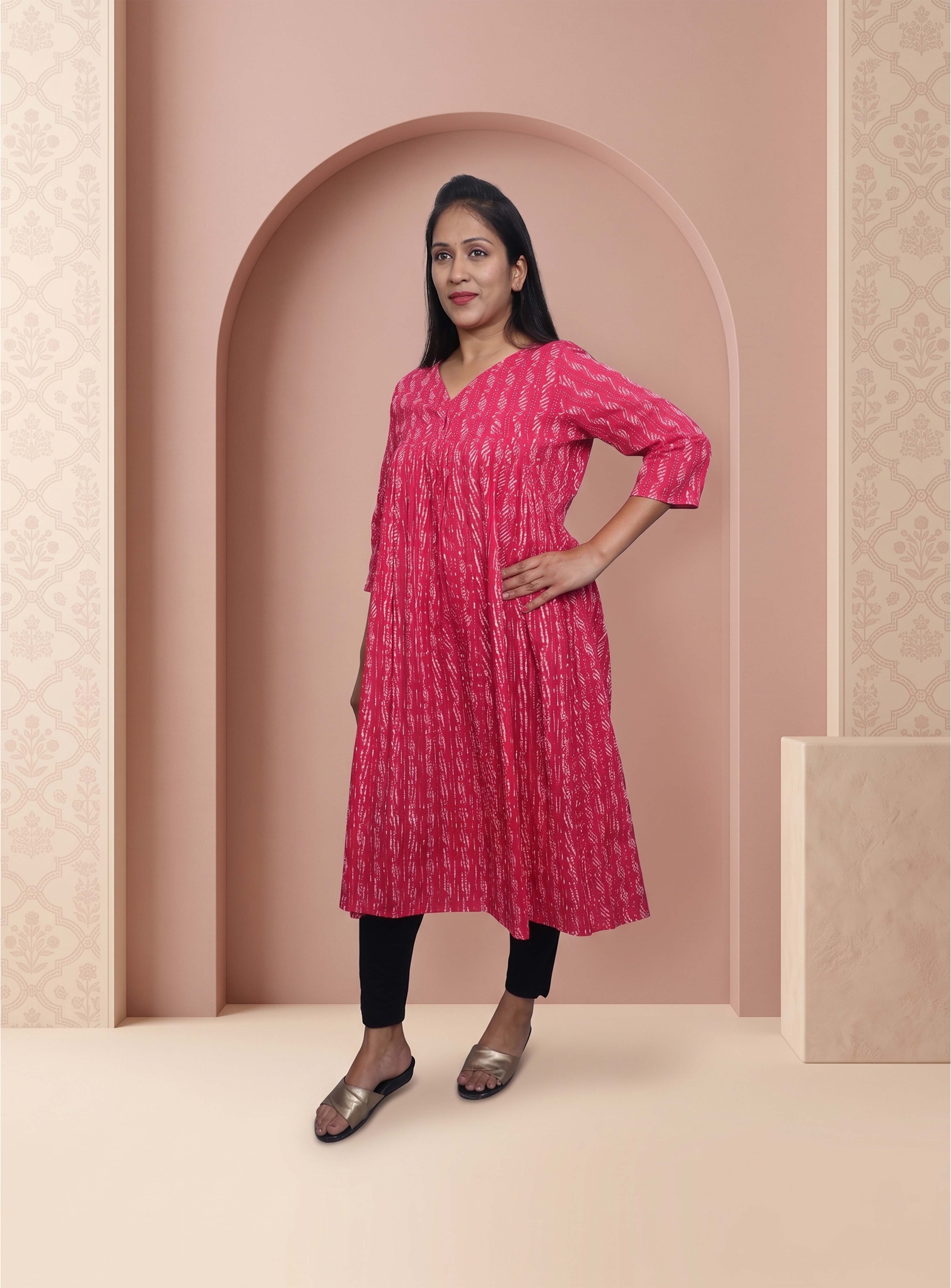 Hot pink cotton Angrakha A-line kurta