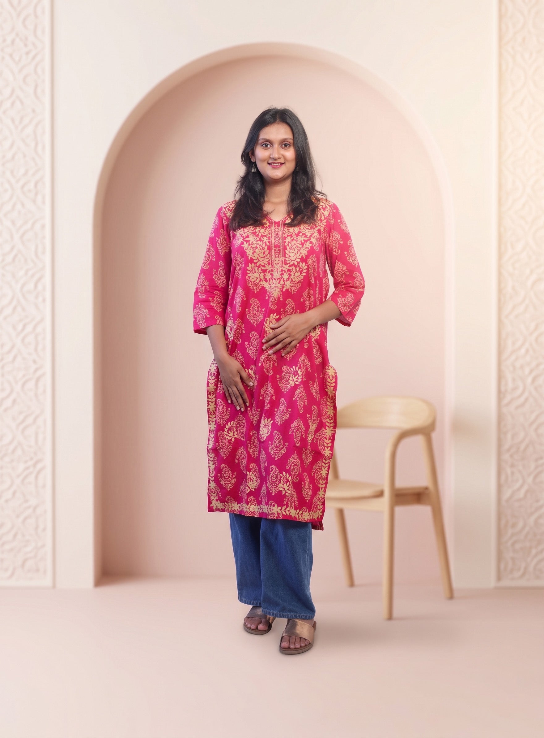 Pink cotton embroidery straight kurta
