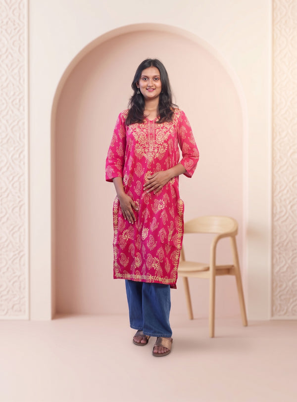 Pink cotton embroidery straight kurta
