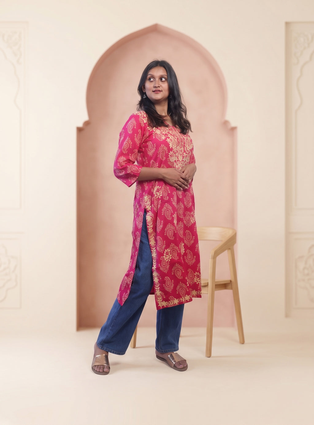 Pink cotton embroidery straight kurta