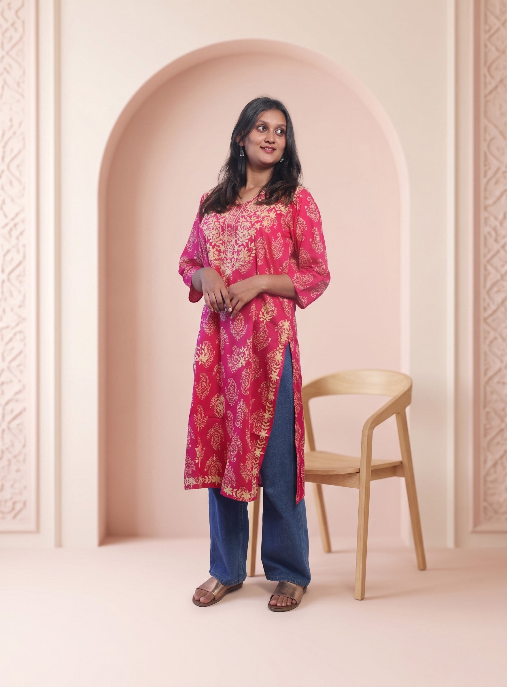 Pink cotton embroidery straight kurta