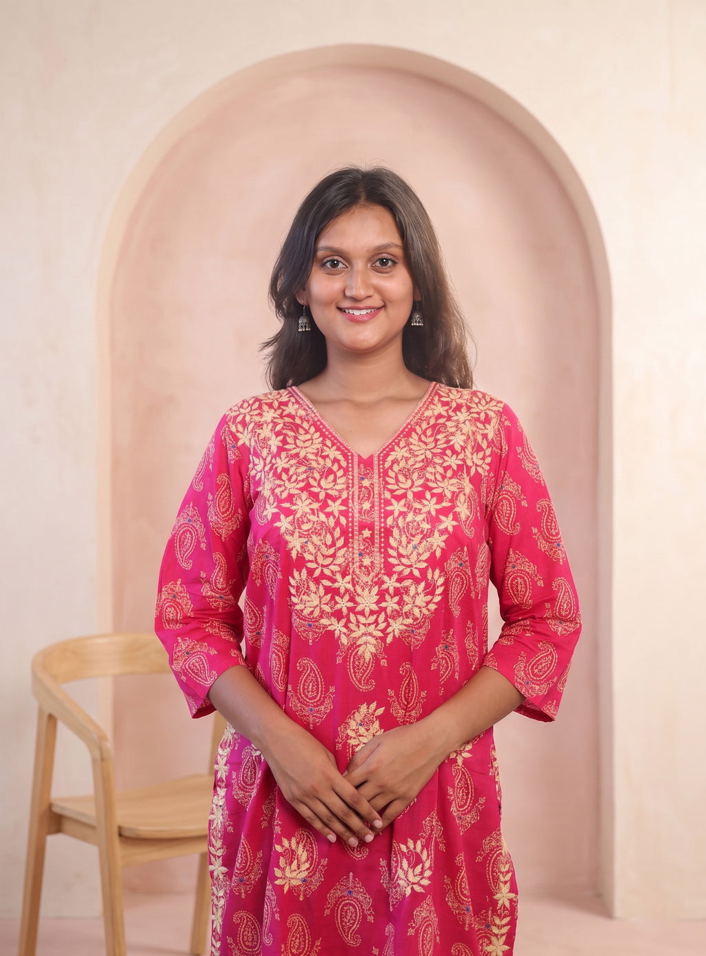 Pink cotton embroidery straight kurta