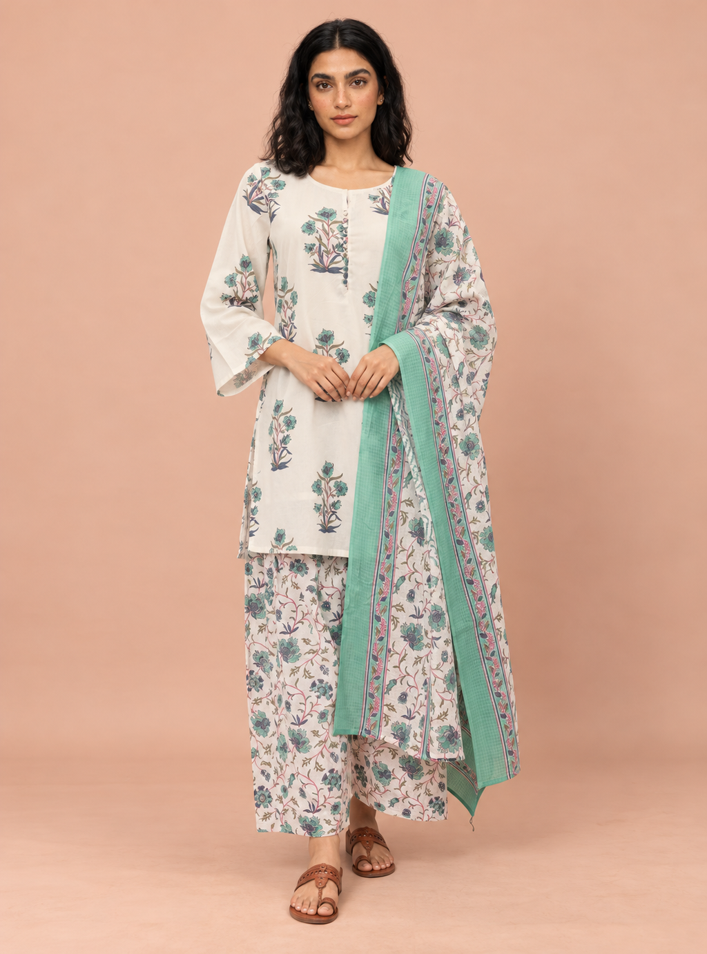 Pista Ivory Craft White & Pista Hand Block Cotton Suit Set with Farshi Salwar