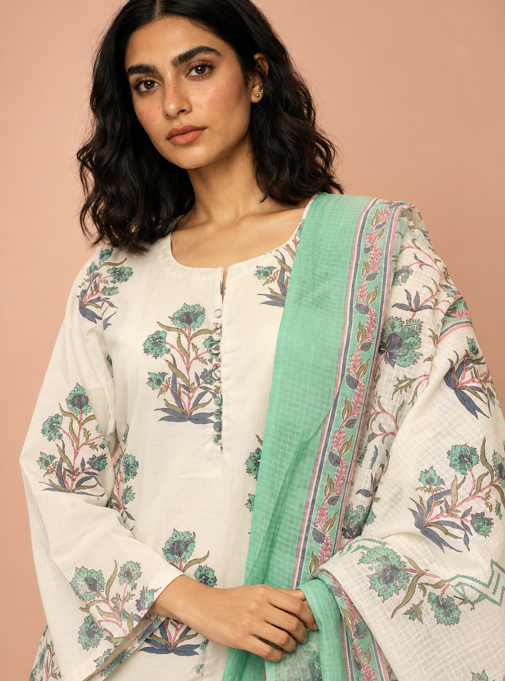 Pista Ivory Craft White & Pista Hand Block Cotton Suit Set with Farshi Salwar