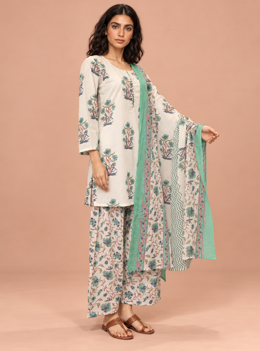 Pista Ivory Craft White & Pista Hand Block Cotton Suit Set with Farshi Salwar