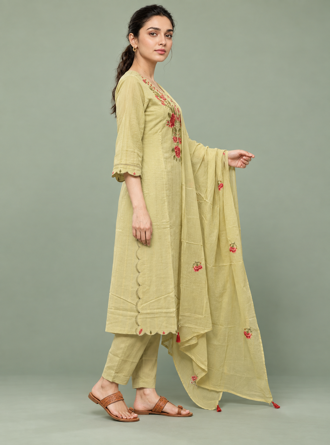 Pistachio Lace Pista Dobby Cotton Cutwork Straight Suit Set with Dupatta