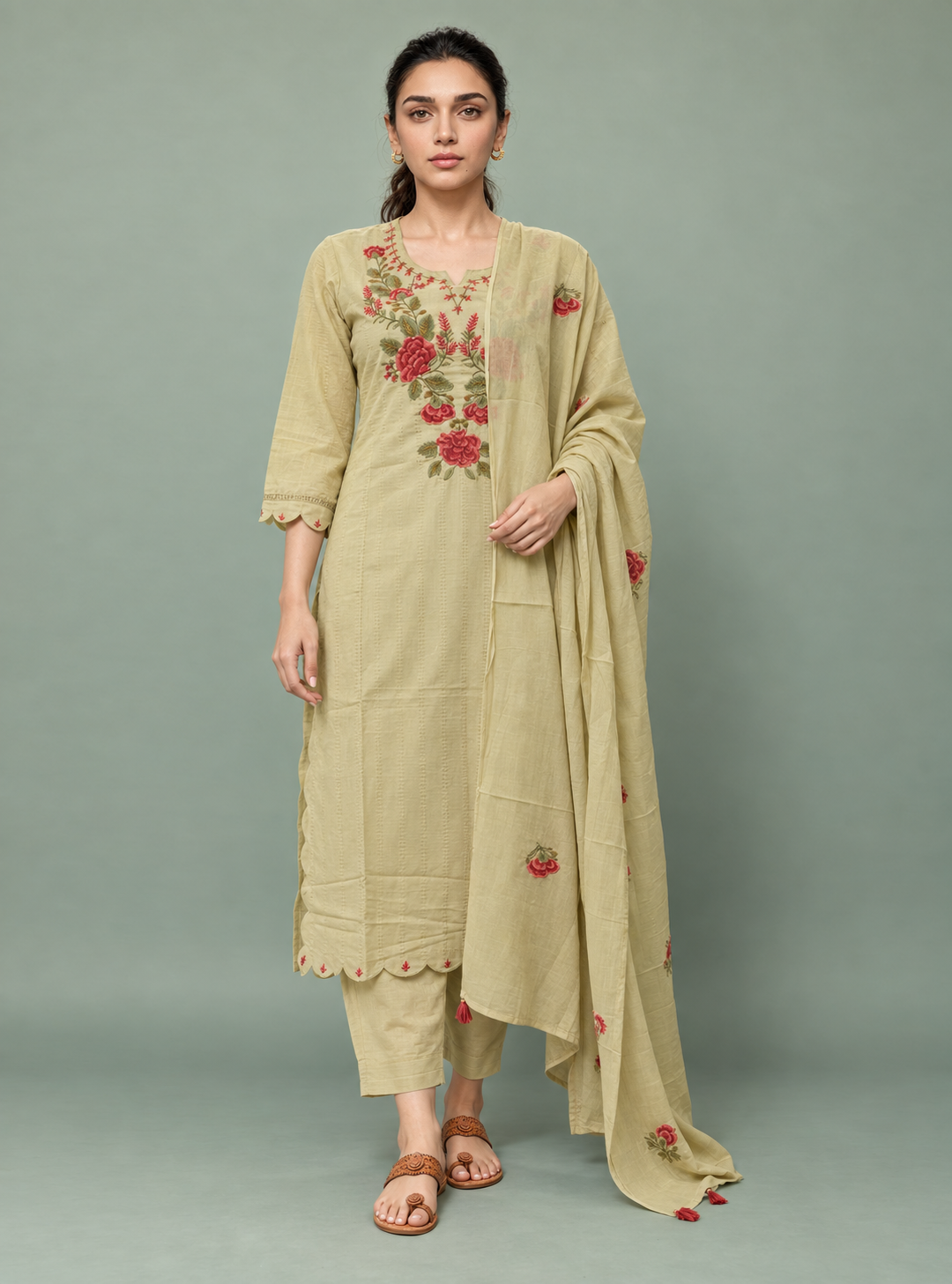 Pistachio Lace Pista Dobby Cotton Cutwork Straight Suit Set with Dupatta