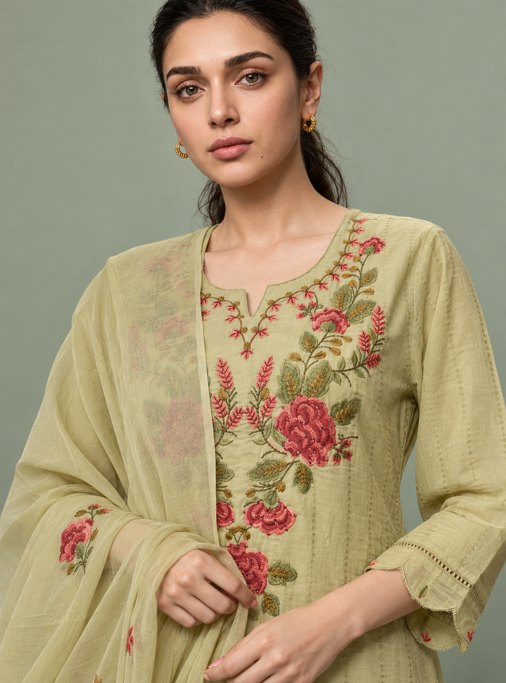 Pistachio Lace Pista Dobby Cotton Cutwork Straight Suit Set with Dupatta