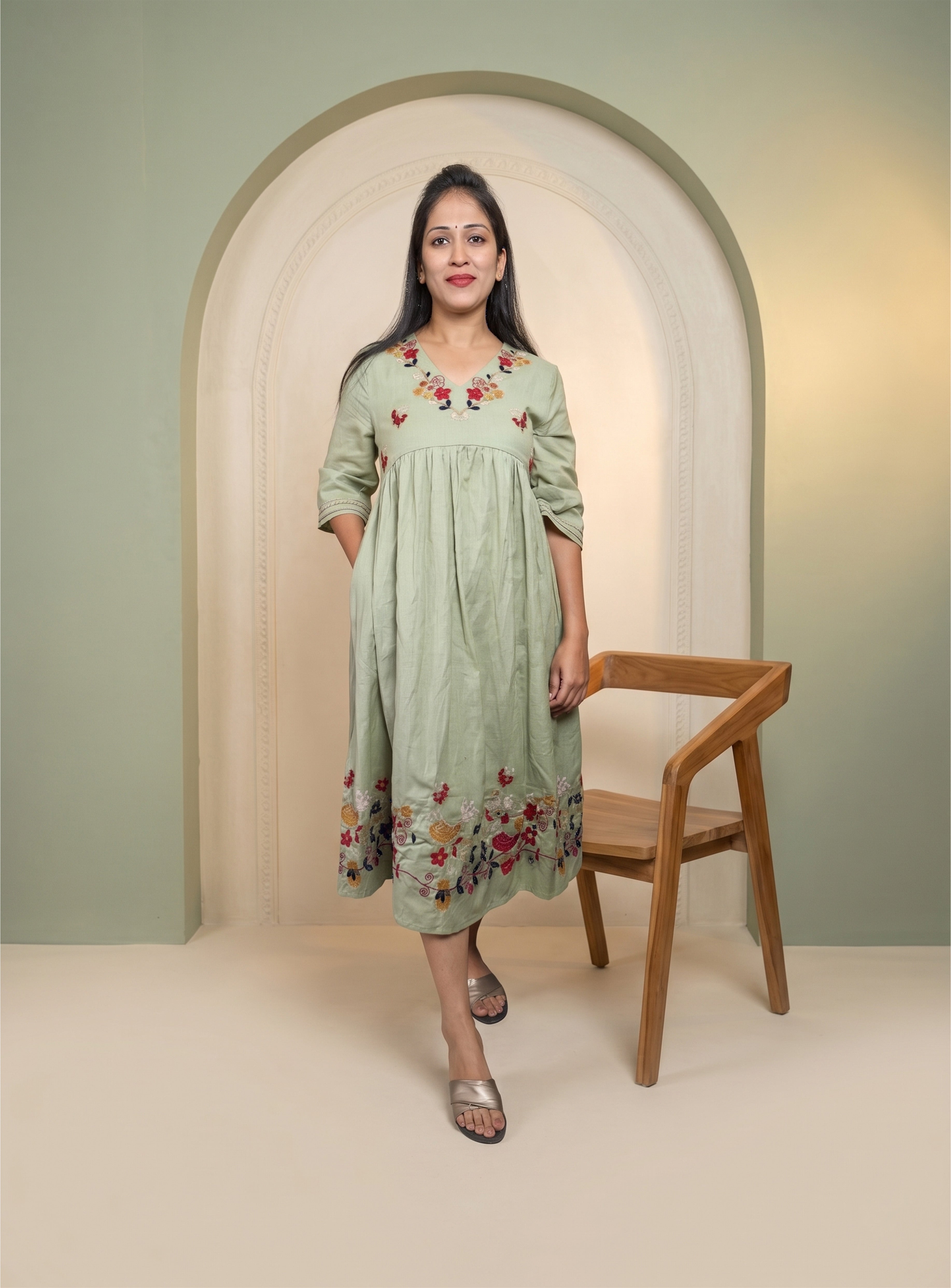 Pista linen A-line thred embroidery dress