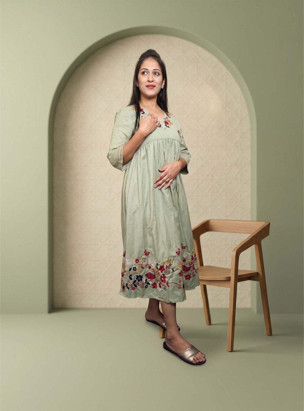 Pista linen A-line thred embroidery dress