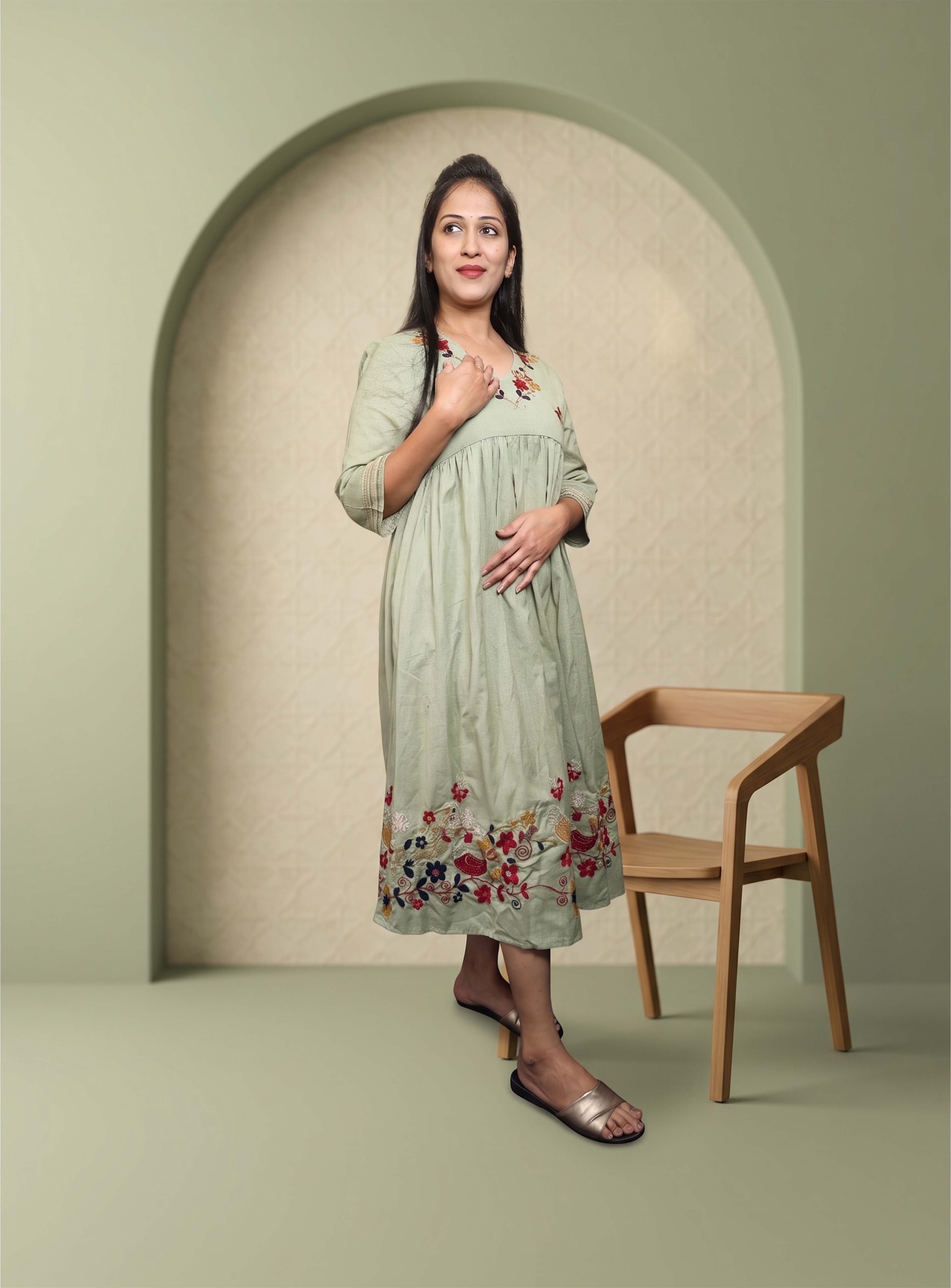 Pista linen A-line thred embroidery dress