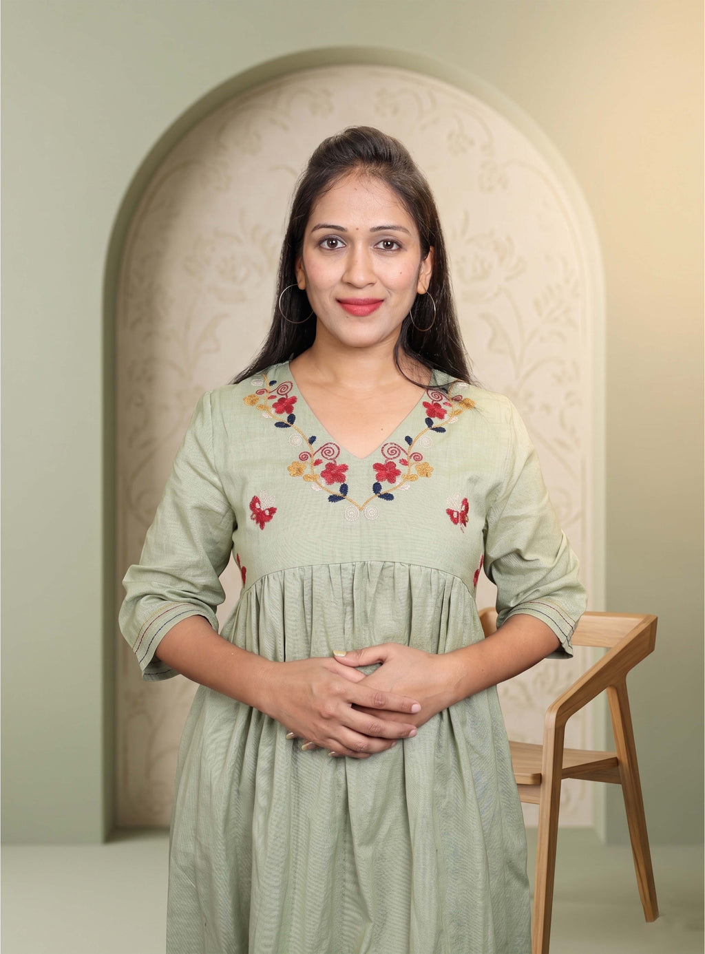 Pista linen A-line thred embroidery dress
