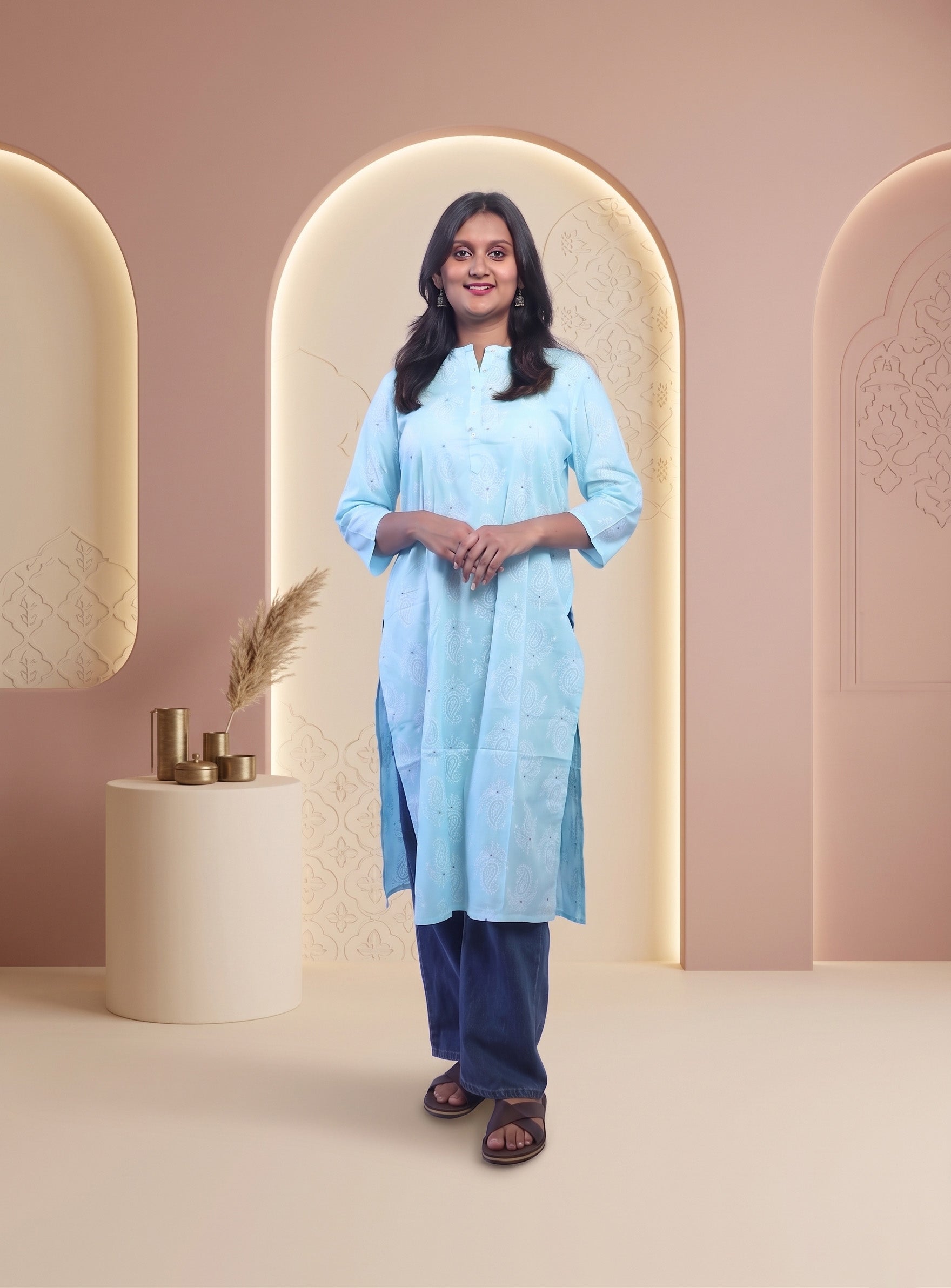 Powder Blue cotton printed straight kurti