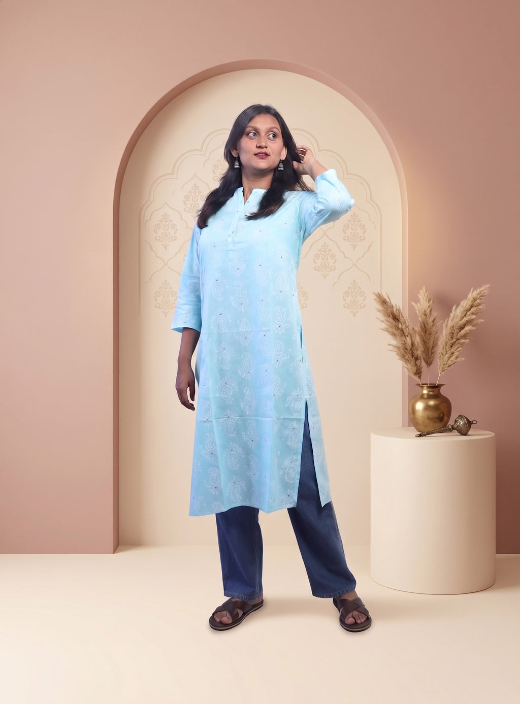Powder Blue cotton printed straight kurti