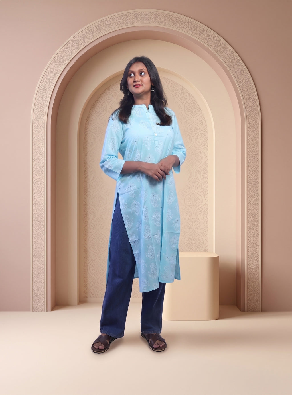 Powder Blue cotton printed straight kurti