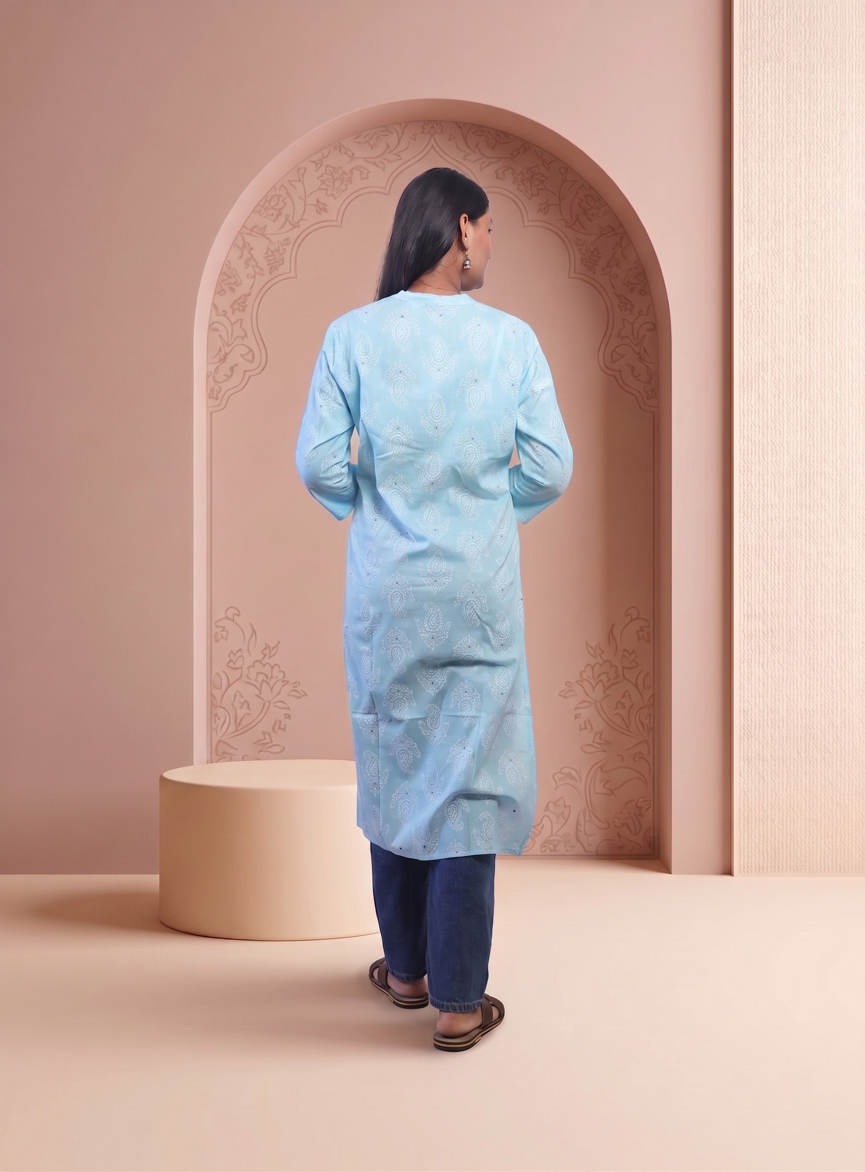 Powder Blue cotton printed straight kurti