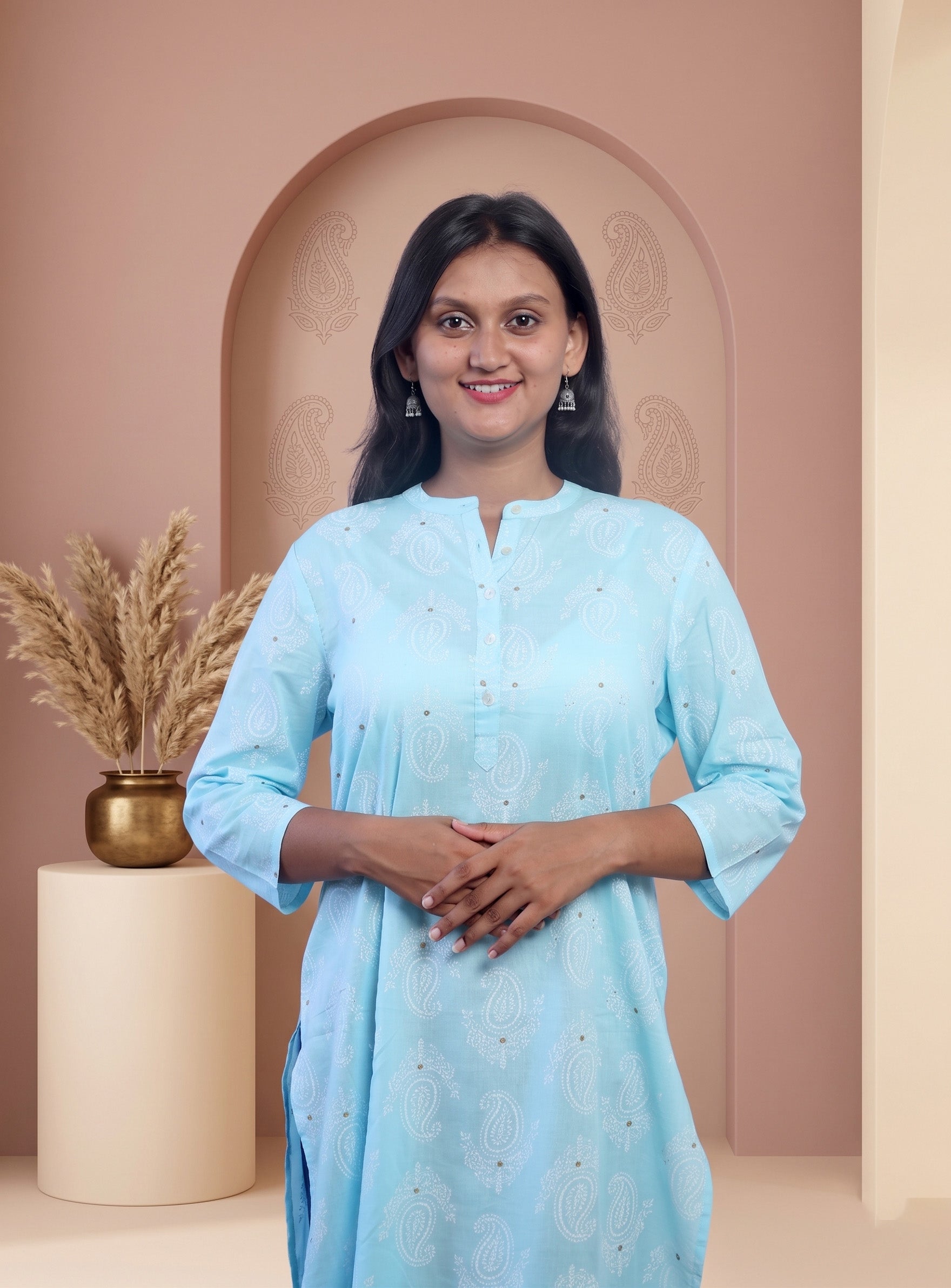 Powder Blue cotton printed straight kurti