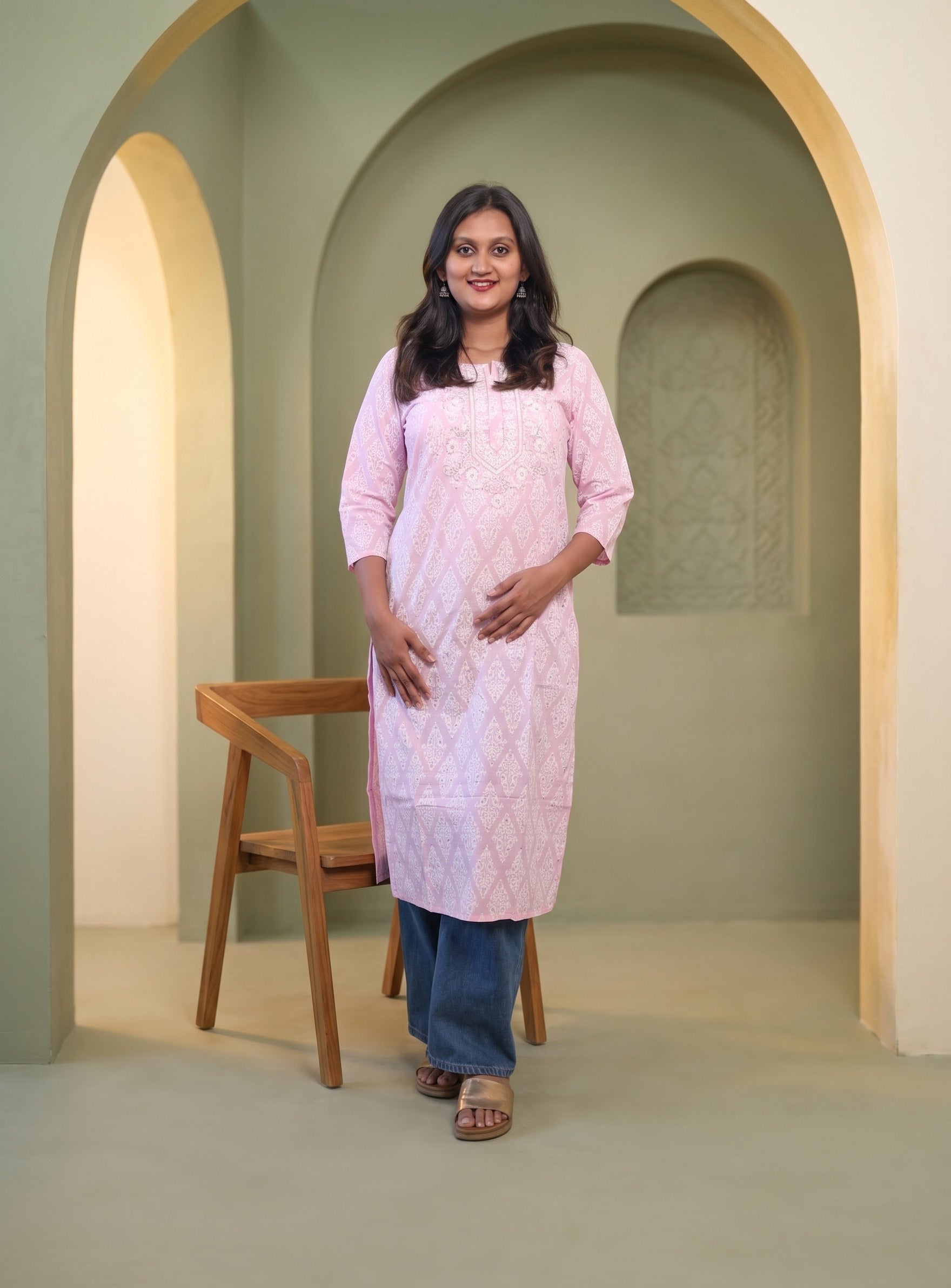 Powder Pink printed straight kurta