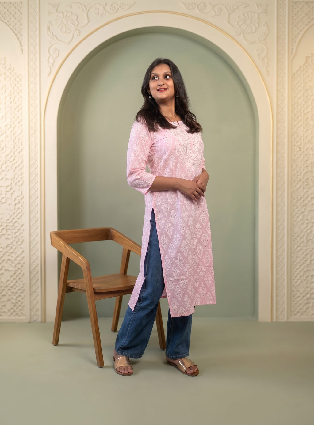 Powder Pink printed straight kurta