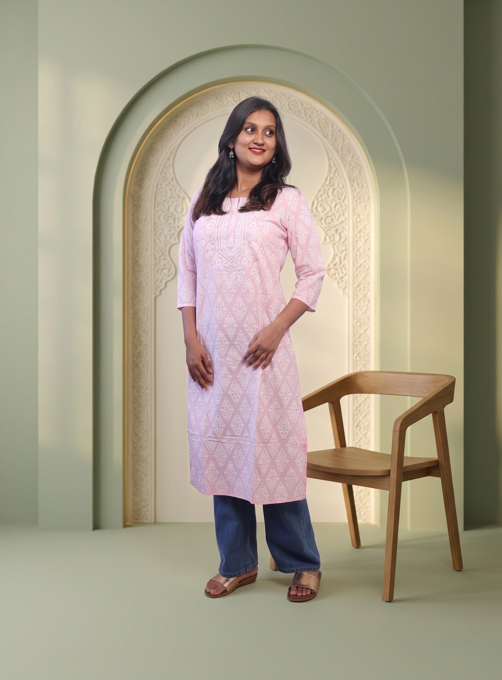 Powder Pink printed straight kurta