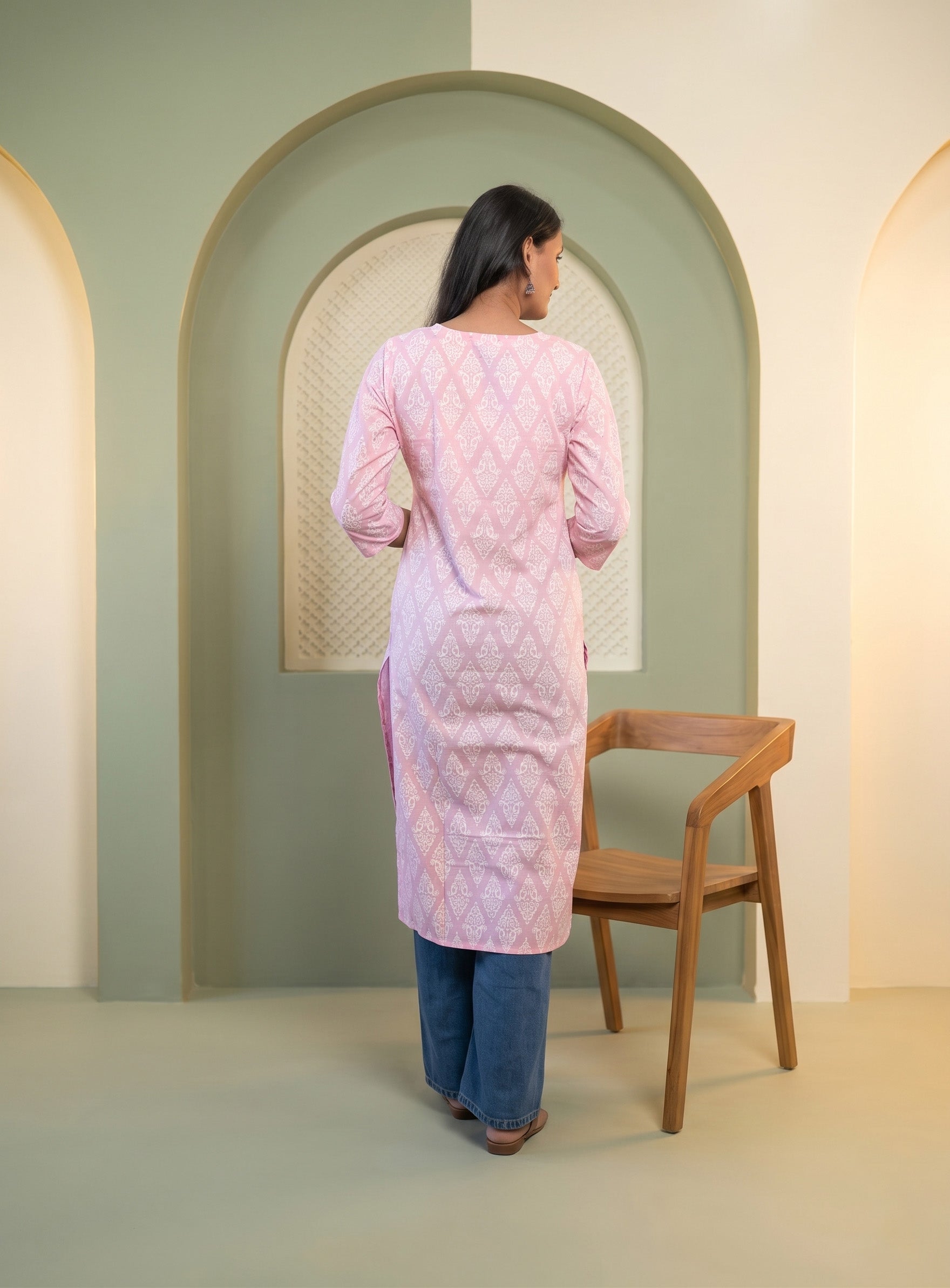 Powder Pink printed straight kurta